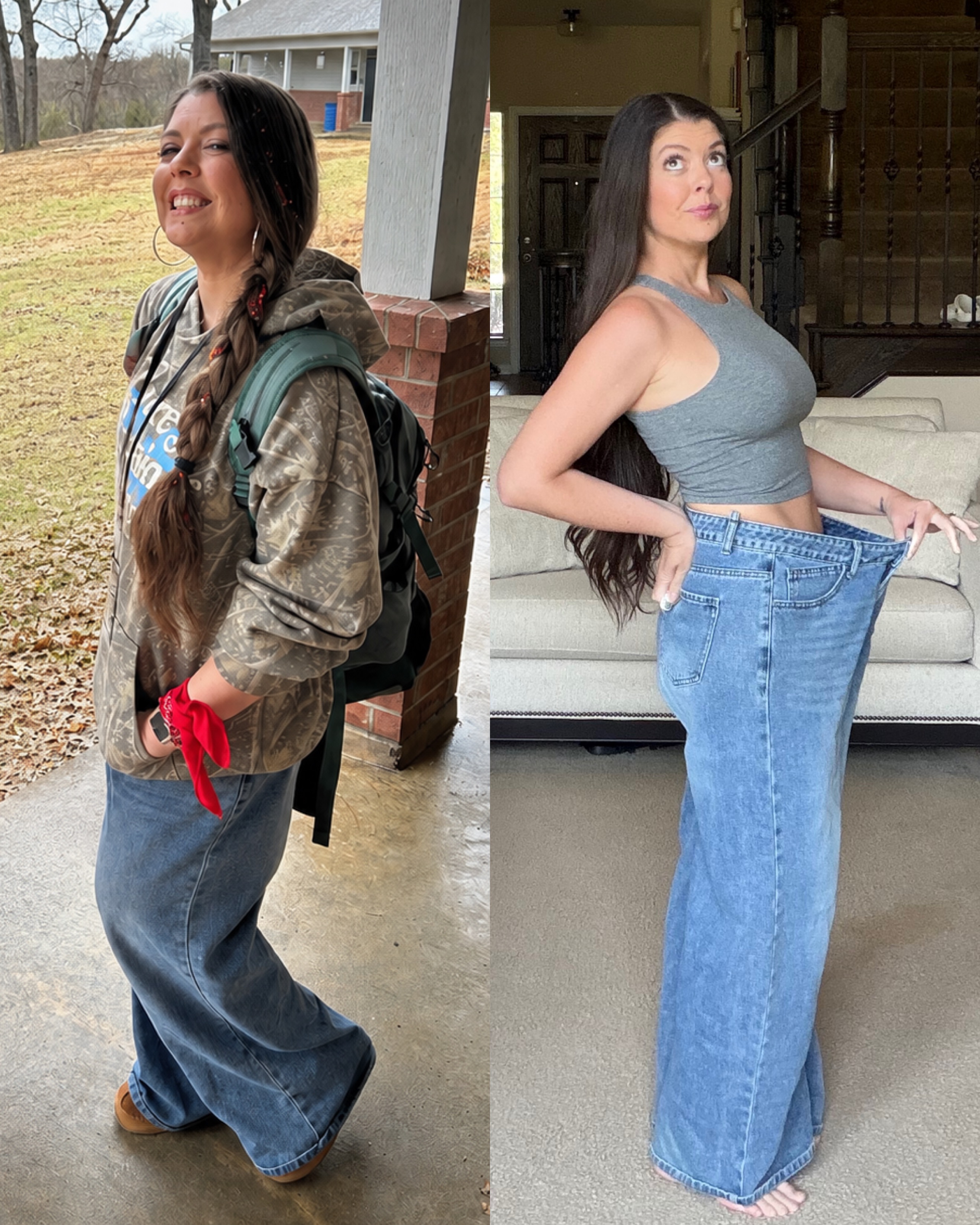Melissa before, volunteering at Youth Camp, compared to after, holding out the waistband of those same jeans